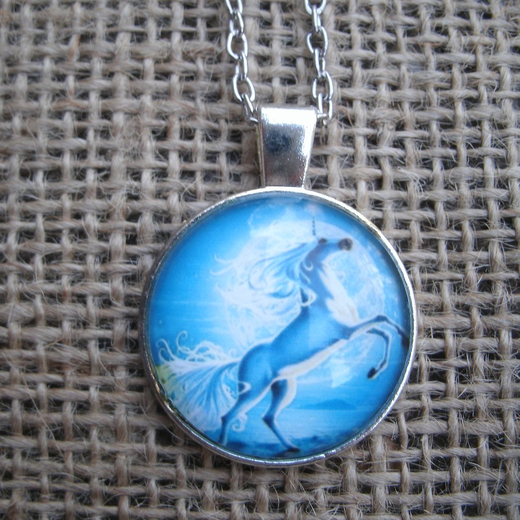 Rearing Unicorn Glass Cabochon Pendant Necklace